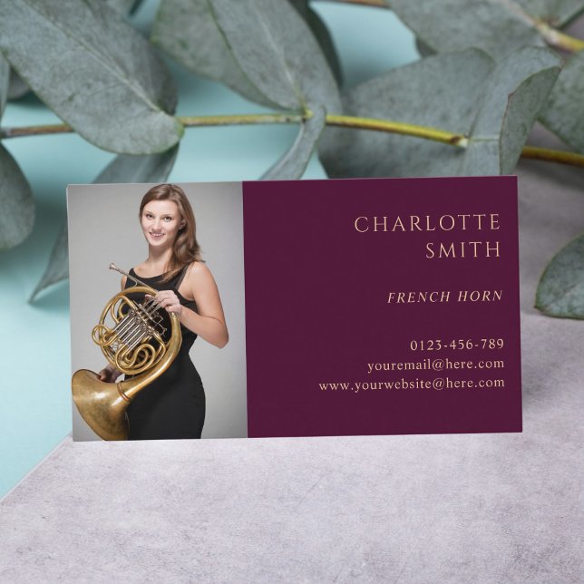 French Horn Custom Photo Burgundy Elegant  Business Card (Creator Uploaded)