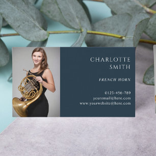 French Horn Custom Photo Navy Blue Elegant  Business Card