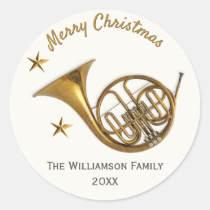 French Horn Merry Christmas Music Personalised Classic Round Sticker