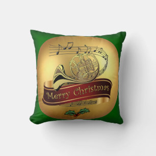 French Horn ~ Merry Christmas & Musical Scroll ~  Cushion