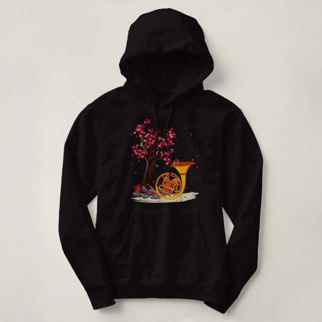 French Horn Music Lover Heart Tree French Horn Val Hoodie (Design Front)