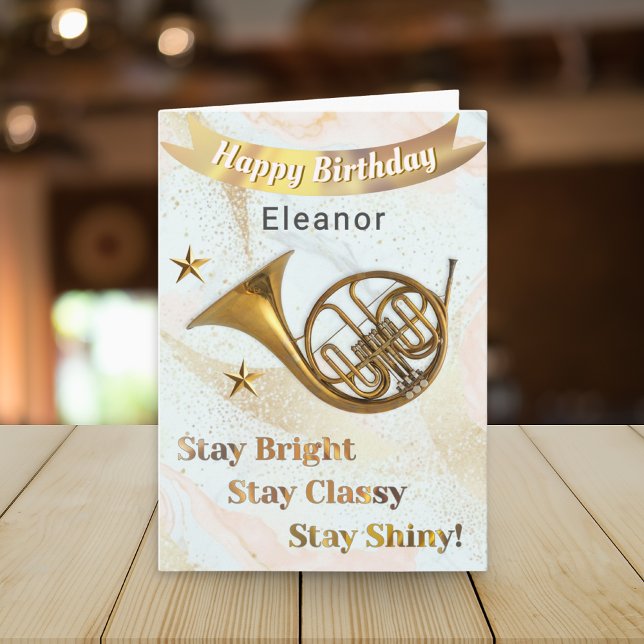 French Horn Music Lover's Personalised Birthday Card (A birthday card with picture of a French horn, Happy Birthday banner and uplifting words)