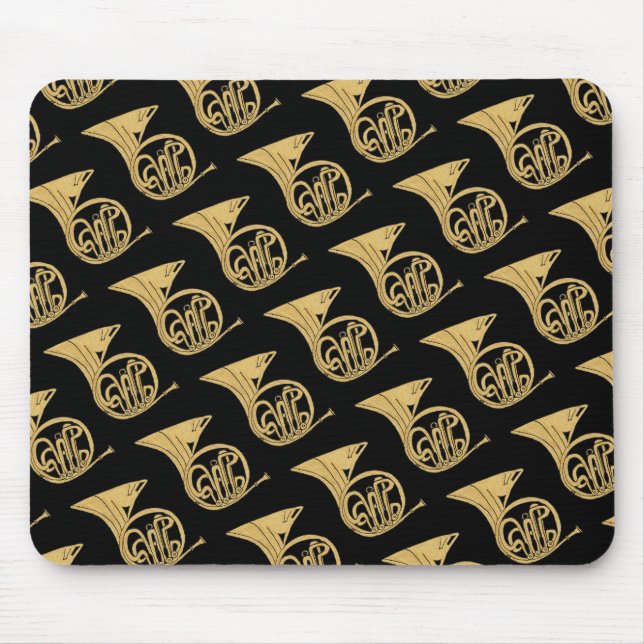 French Horn Musical Instrument Drawing on Black Mouse Mat (Front)