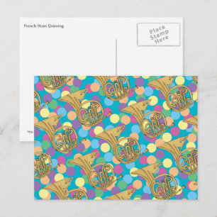 French Horn Musical Instrument Drawing Polka Dots Postcard