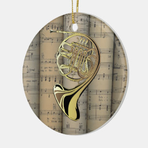 French Horn ~ Rolled Sheet Music Back ~ Musical Ceramic Tree Decoration