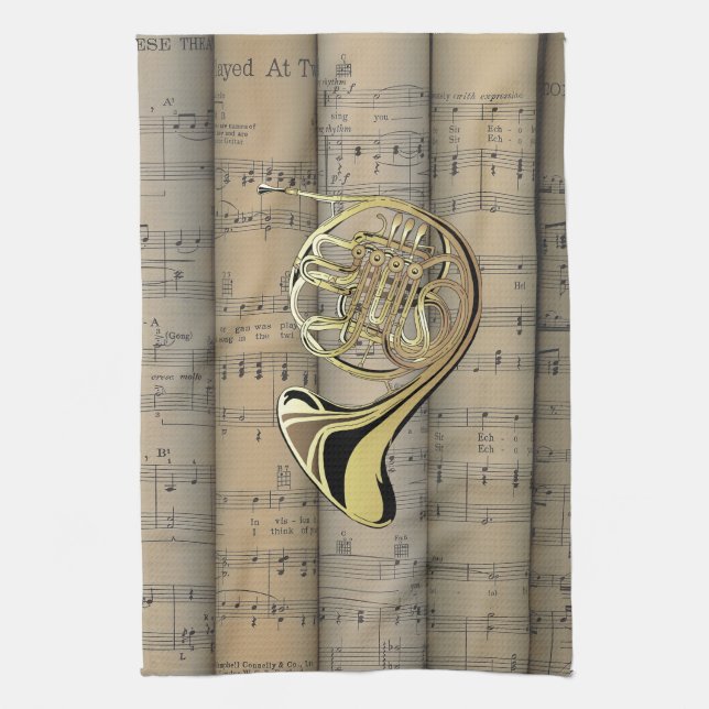French Horn ~ Rolled Sheet Music Back ~ Musical Tea Towel (Vertical)