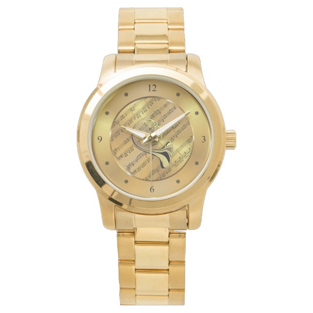 French Horn ~ Sheet Music ~ Gold Background ~ Watch (Front)