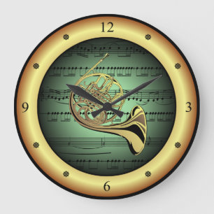 French Horn ~ Sheet Music ~ Green/Gold Background  Large Clock