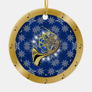 French Horn ~ Silver ~ Blue ~ Gold ~ Christmas ~ Ceramic Tree Decoration