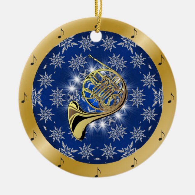 French Horn ~ Silver ~ Blue ~ Gold ~ Christmas ~ Ceramic Tree Decoration (Front)