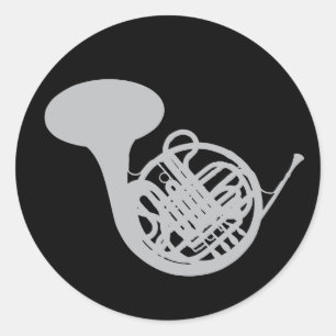 French Horn Silver Coloured  Music Round Stickers