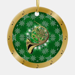 French Horn ~ Silver ~ Green ~ Gold ~ Christmas ~ Ceramic Tree Decoration