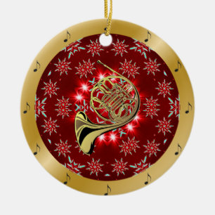 French Horn ~ Silver ~ Red~ Gold ~ Christmas ~ Ceramic Tree Decoration