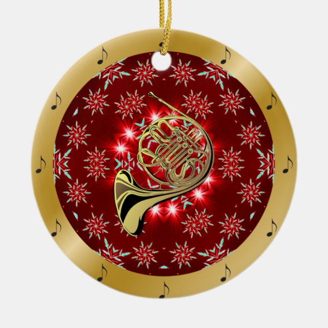 French Horn ~ Silver ~ Red~ Gold ~ Christmas ~ Ceramic Tree Decoration (Front)