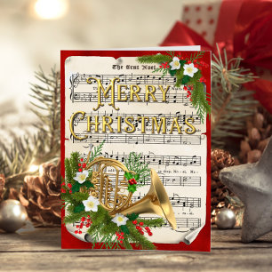 French Horn Vintage Sheet Music Christmas Holiday Card
