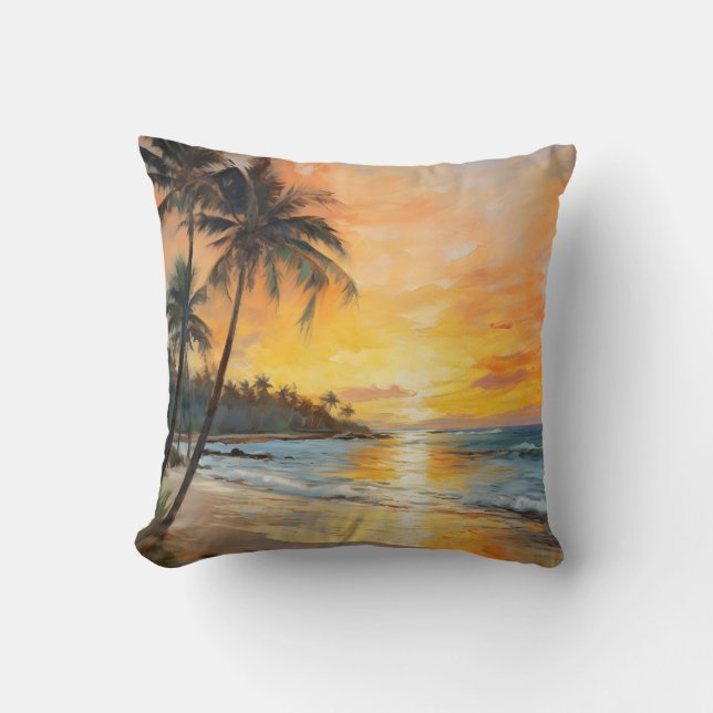 French Impressionism: Sunset Beach and Palm Trees Cushion (Front)