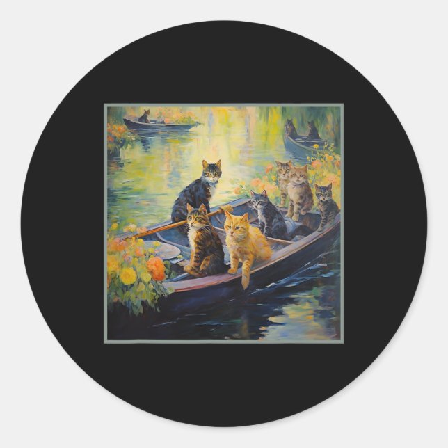 French Impressionist Boating Funny Cat Design On P Classic Round Sticker (Front)