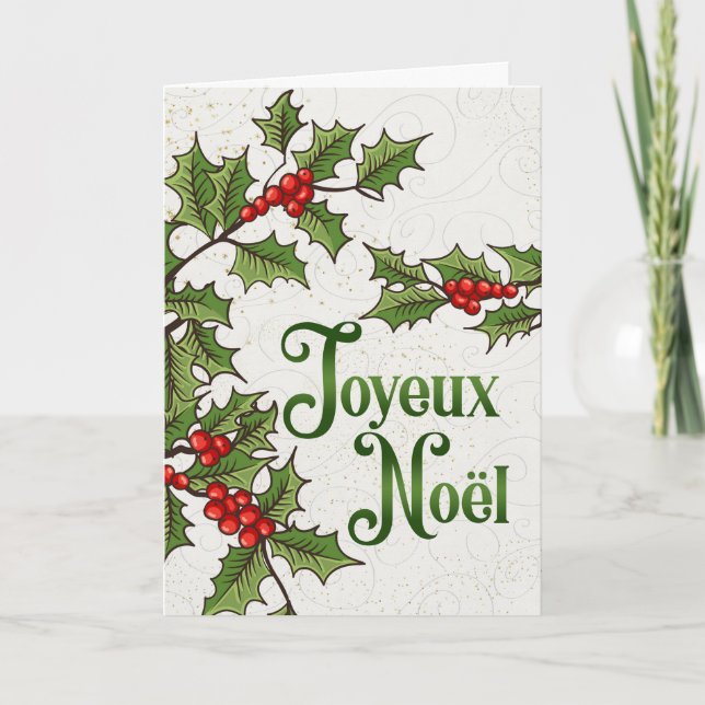 French Joyeux Noel Red and Green Holly Berries Holiday Card (Front)