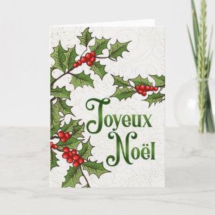 French Joyeux Noel Red and Green Holly Berries Holiday Card