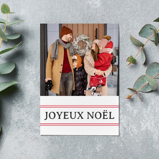 French Joyeux Noël Red Stripe Family Photo Holiday Card (Creator Uploaded)