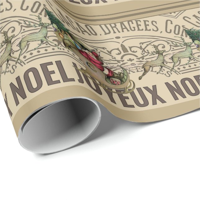 French Joyeux Noel Santa Reindeer Christmas Wrapping Paper (Roll Corner)