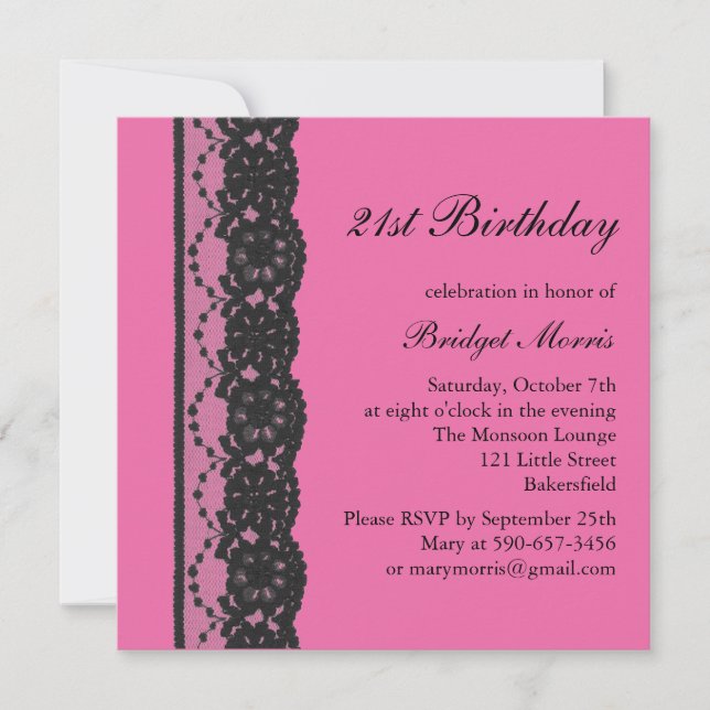 French Lace Birthday Invitation (fuchsia) (Front)