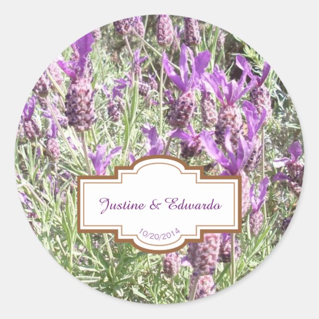 French Lavender Flowers Personalised Wedding Classic Round Sticker (Front)