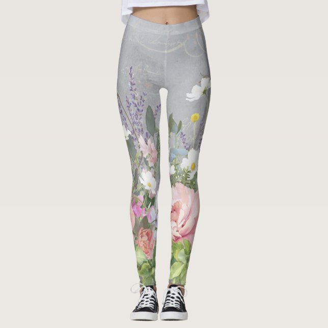 French Lavender Painted Floral Pink Peony Flowers Leggings (Front)
