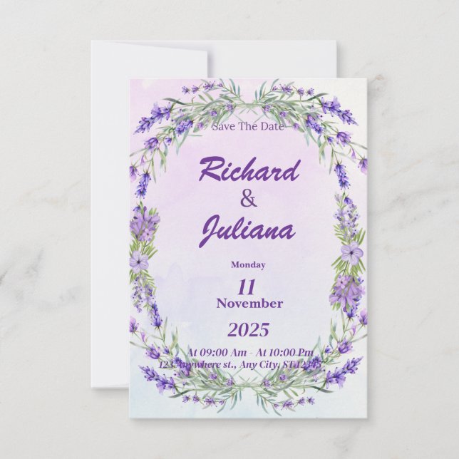 french lavender wedding style invitation (Front)