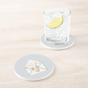 French Light Blue Cream Envelope Heart Floral   Coaster