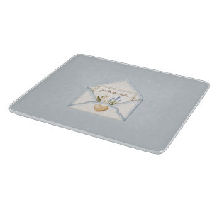 French Light Blue Cream Envelope Heart Floral Cutting Board