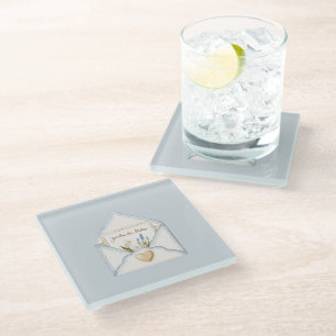 French Light Blue Cream Envelope Heart Floral Glass Coaster