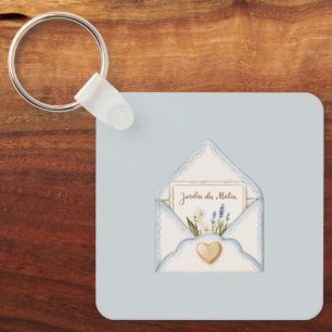 French Light Blue Cream Envelope Heart Floral Key Ring