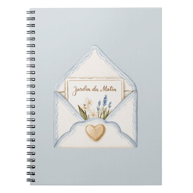French Light Blue Cream Envelope Heart Floral   Notebook (Front)
