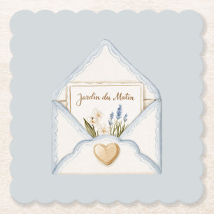 French Light Blue Cream Envelope Heart Floral   Paper Coaster