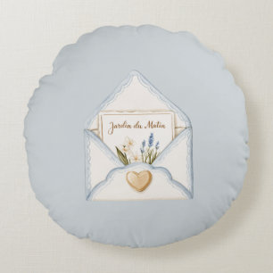 French Light Blue Cream Envelope Heart Floral Round Cushion