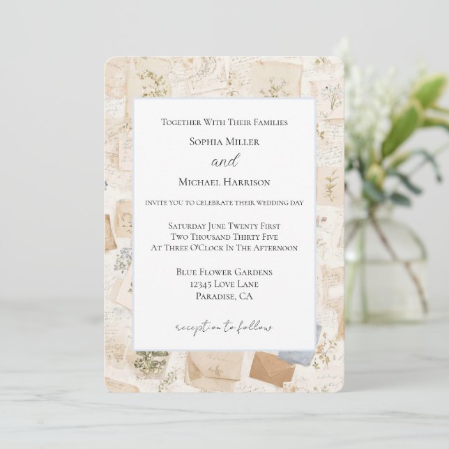 French Light Blue Envelope Heart Floral Wedding Invitation (Standing Front)