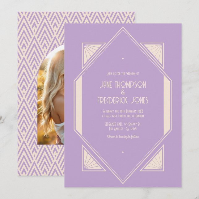 French Lilac & Champagne Art Deco Wedding Photo Invitation (Front/Back)