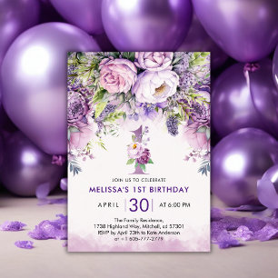 French Lilac & Pink Garden Flower 1st Birthday Invitation