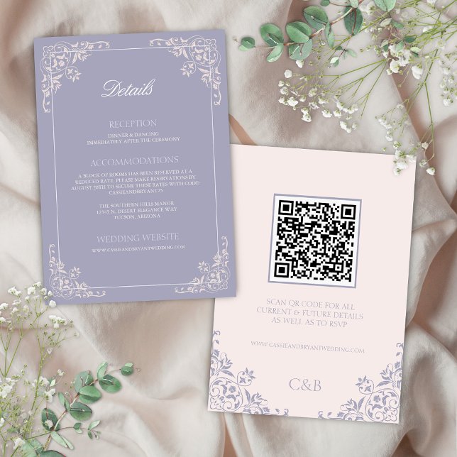 French Lilac QRCode Wedding Details Enclosure Card (Elegant lavendar purple and blush pink french lilac theme wedding enclosure cards for qr code detail)