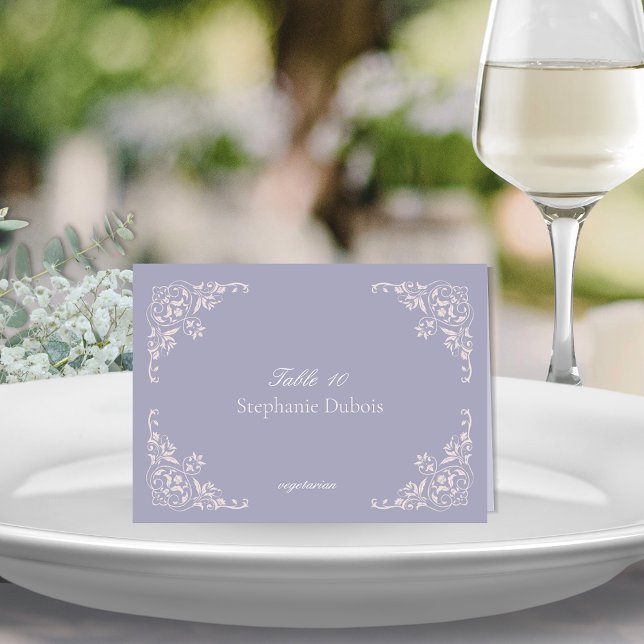 French Lilac Wedding Place Cards with Meal Choice (Folded french lilac wedding place cards with meal choice for romantic lavender purple and blush pink)