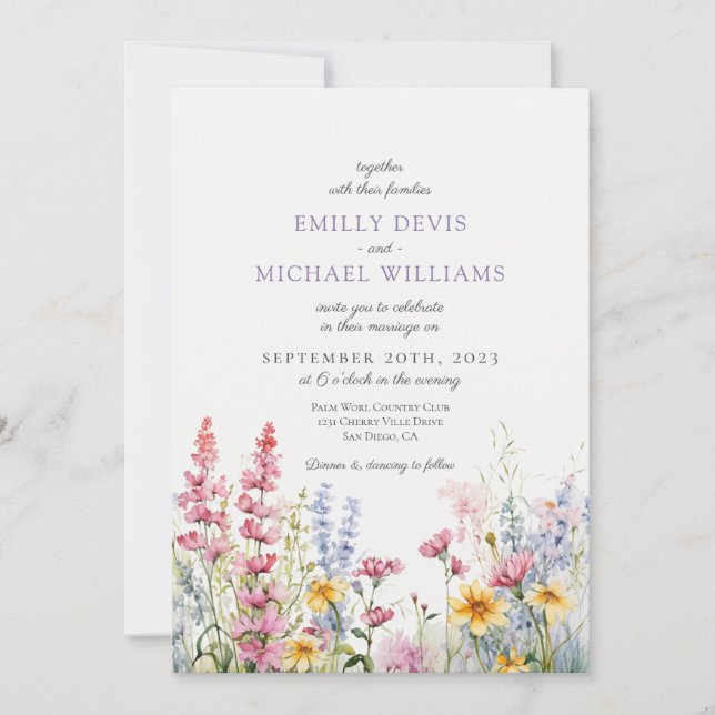 French Lilac Wildflower Wedding Invitation (Front)