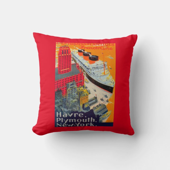 French Line Travel Poster, Havre to Plymouth, NY Cushion (Front)