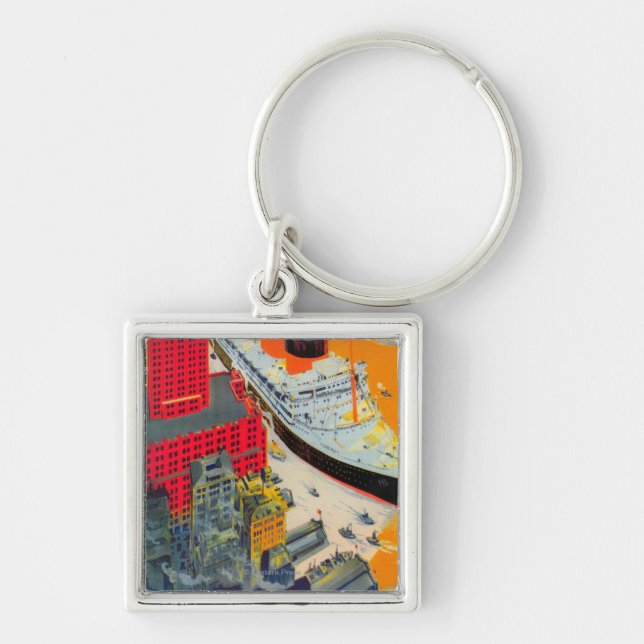 French Line Travel Poster, Havre to Plymouth, NY Key Ring (Front)