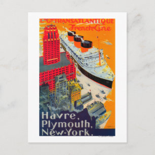French Line Travel Poster, Havre to Plymouth, NY Postcard