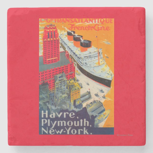 French Line Travel Poster, Havre to Plymouth, NY Stone Coaster (Front)