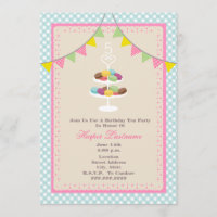 French Macarons Birthday Invitation - Blue Gingham