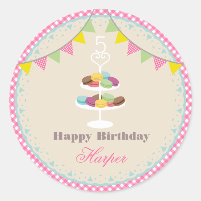 French Macarons Birthday Party Pink Gingham Classic Round Sticker (Front)