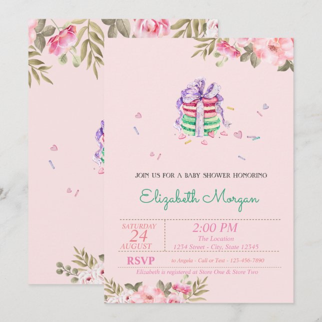 French Macarons, Floral Baby Shower Invitation (Front/Back)