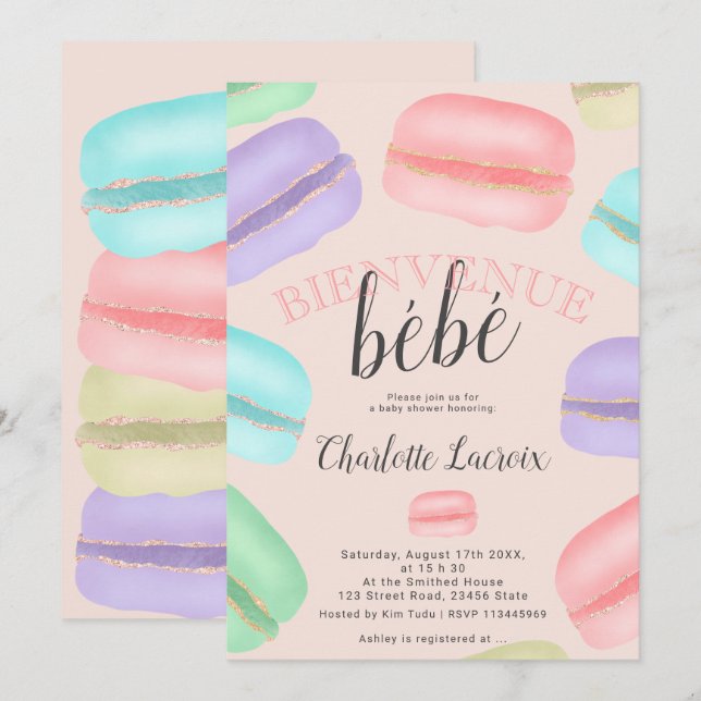 French macarons glitter pink baby shower invitation (Front/Back)